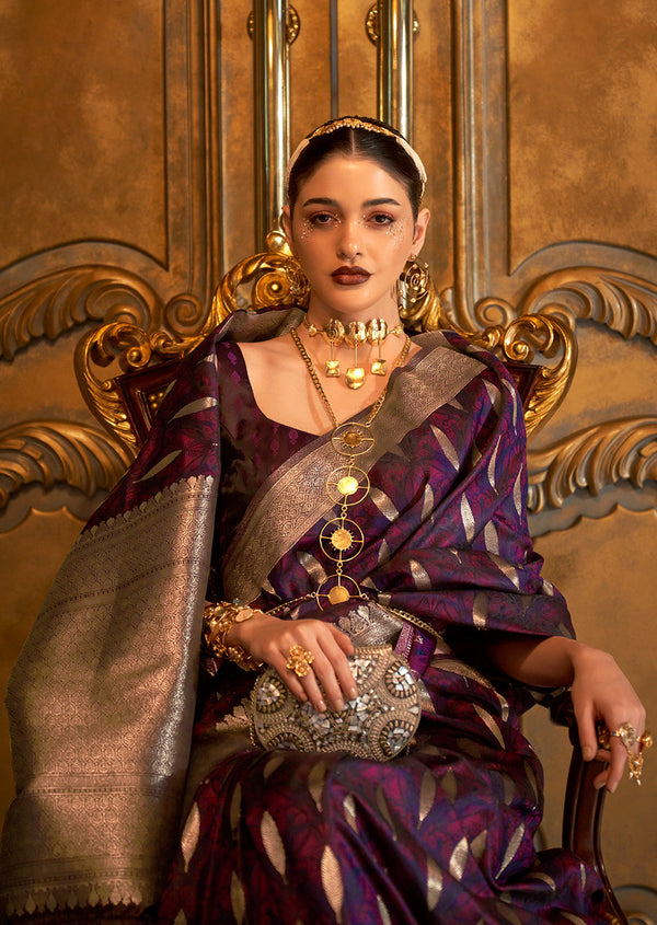 Dark Purple Classic Banarasi Silk Blend Saree – Perfect for Weddings & Festive Occasions ClothsVilla