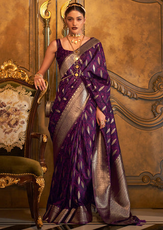 Dark Purple Classic Banarasi Silk Blend Saree – Perfect for Weddings & Festive Occasions ClothsVilla