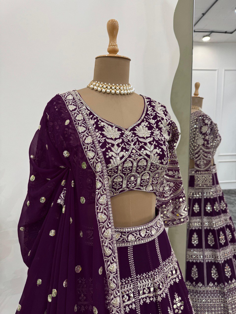 Dark Purple Designer Fox Georgette Lehenga Set with 9mm Sequin Embroidery ClothsVilla