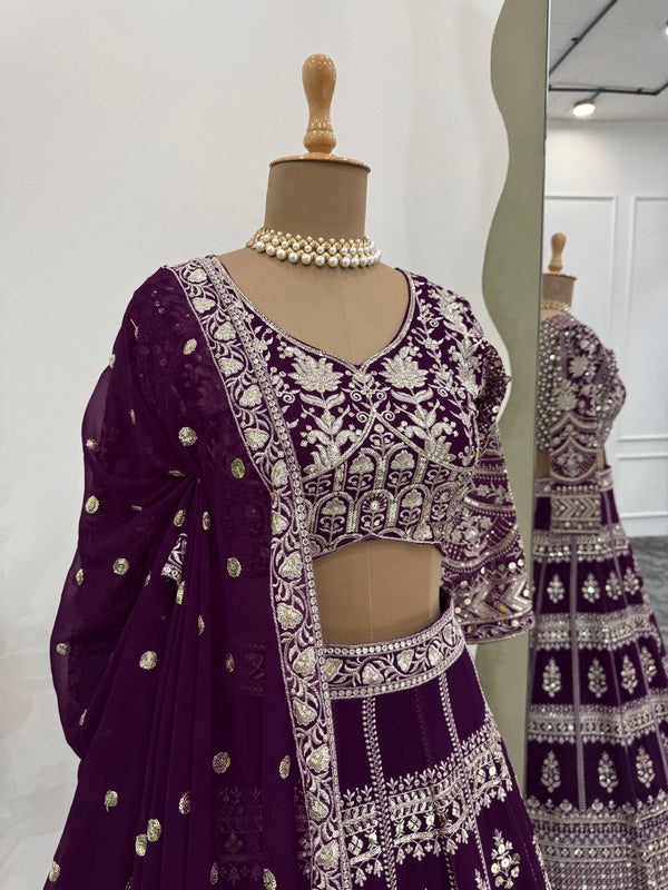 Dark Purple Designer Fox Georgette Lehenga Set with 9mm Sequin Embroidery ClothsVilla