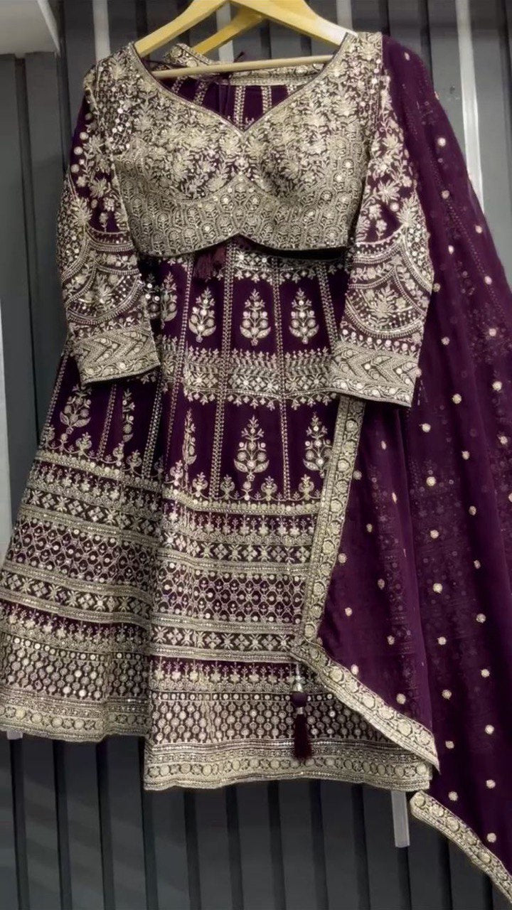 Dark Purple Designer Fox Georgette Lehenga Set with 9mm Sequin Embroidery ClothsVilla