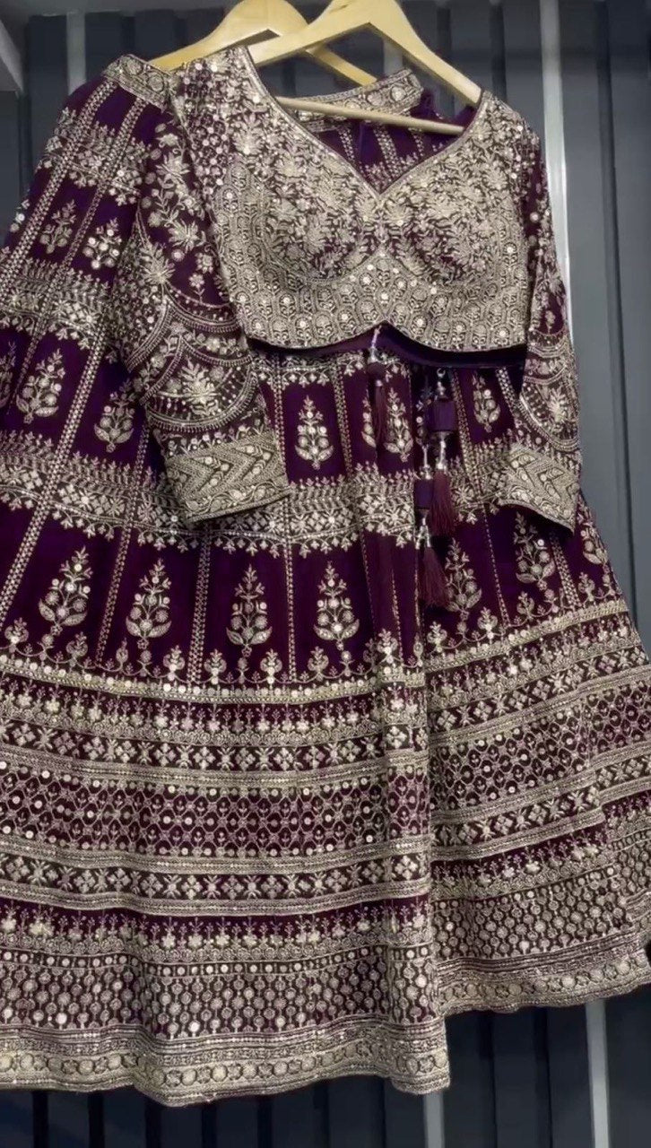 Dark Purple Designer Fox Georgette Lehenga Set with 9mm Sequin Embroidery ClothsVilla