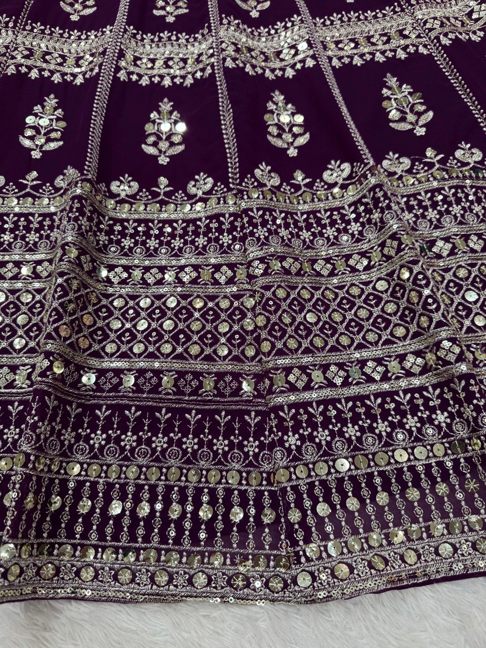 Dark Purple Designer Fox Georgette Lehenga Set with 9mm Sequin Embroidery ClothsVilla
