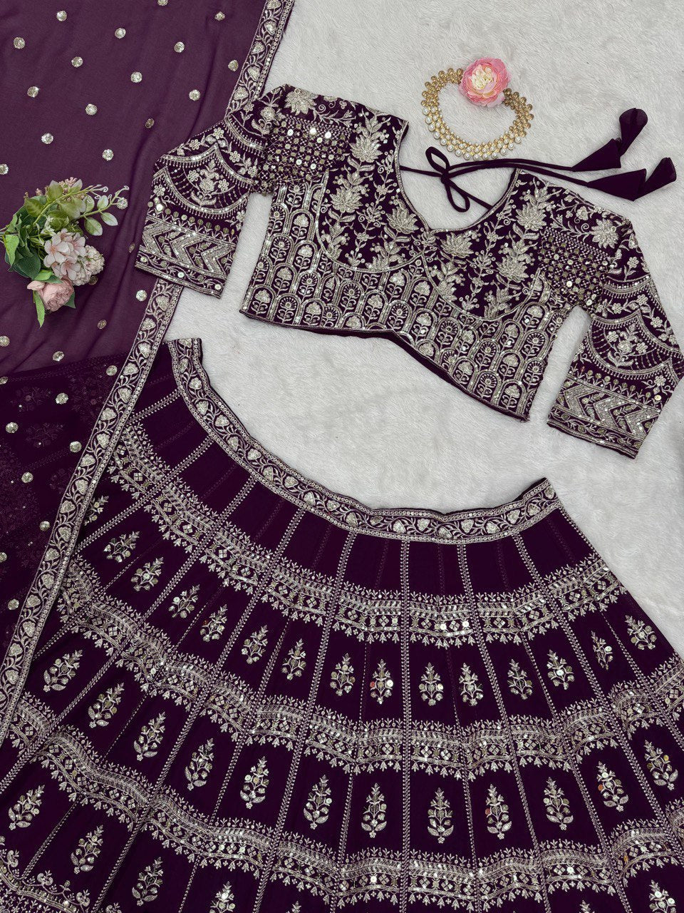Dark Purple Designer Fox Georgette Lehenga Set with 9mm Sequin Embroidery ClothsVilla