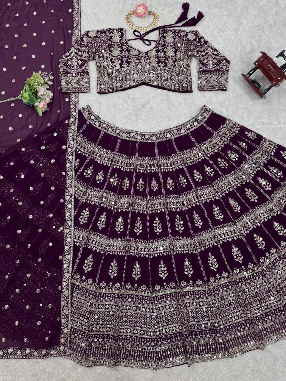 Dark Purple Designer Fox Georgette Lehenga Set with 9mm Sequin Embroidery ClothsVilla