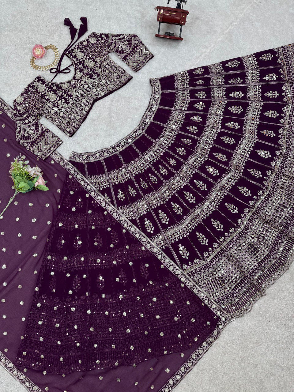 Dark Purple Designer Fox Georgette Lehenga Set with 9mm Sequin Embroidery ClothsVilla
