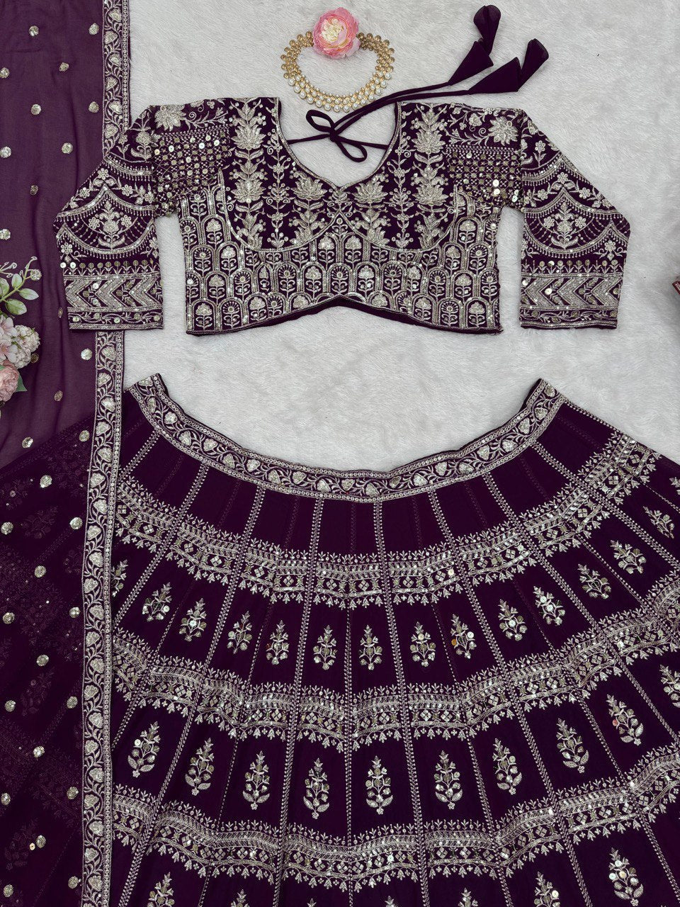 Dark Purple Designer Fox Georgette Lehenga Set with 9mm Sequin Embroidery ClothsVilla
