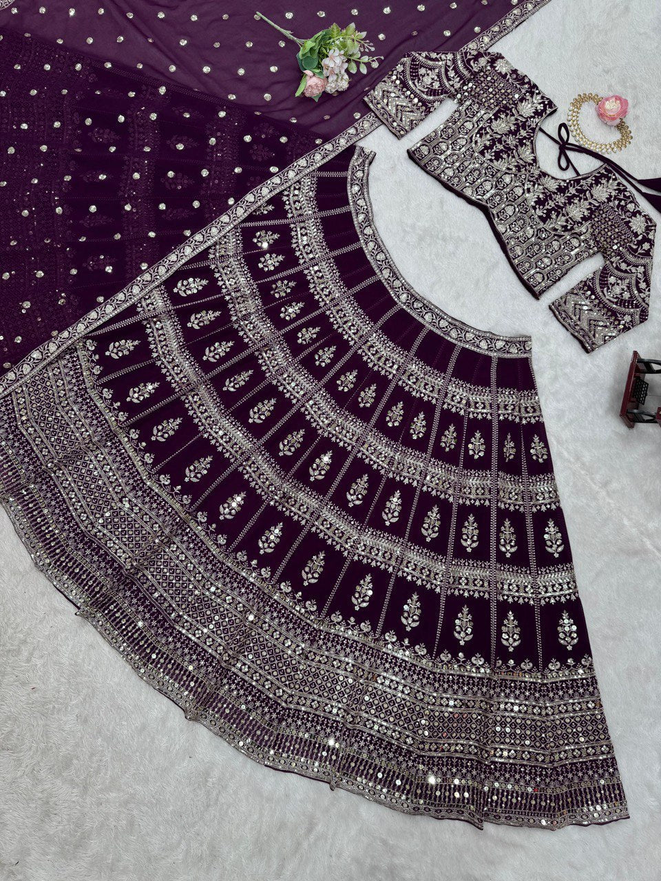 Dark Purple Designer Fox Georgette Lehenga Set with 9mm Sequin Embroidery ClothsVilla