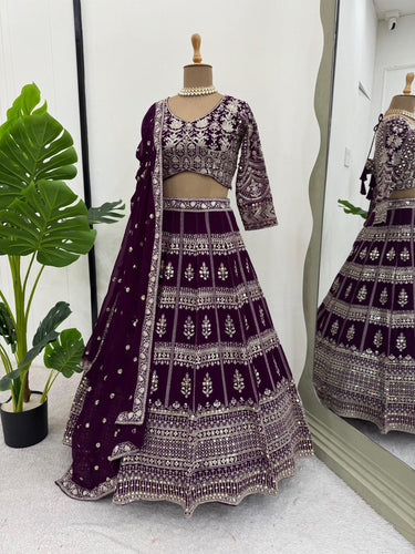 Dark Purple Designer Fox Georgette Lehenga Set with 9mm Sequin Embroidery ClothsVilla