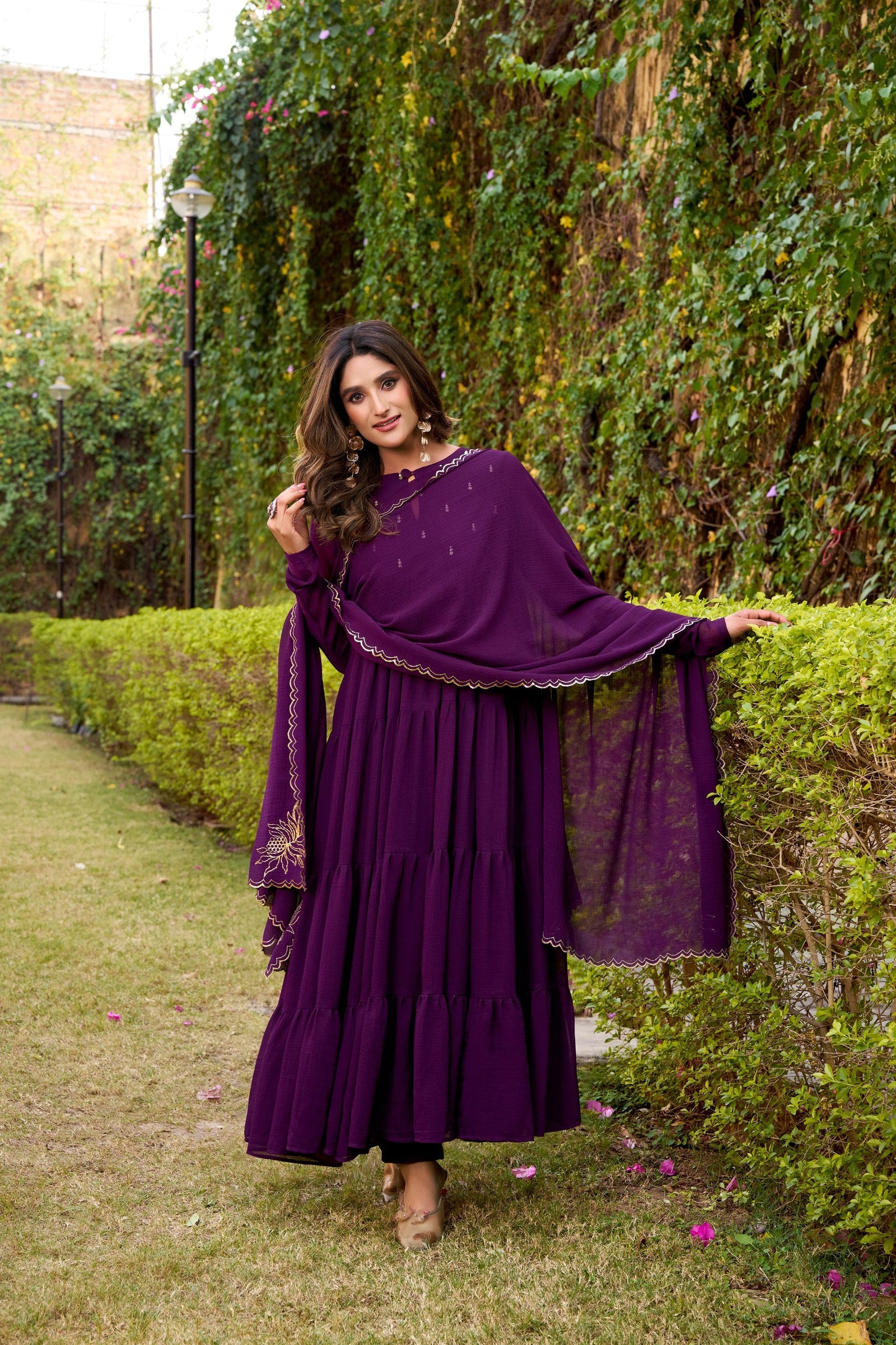 Dark Purple Designer Marble Foil Work Flared Dress Set ClothsVilla