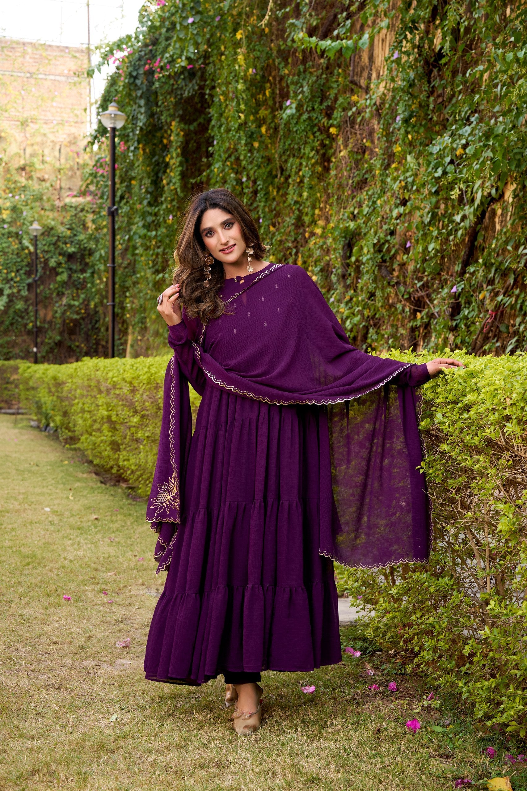 Dark Purple Designer Marble Foil Work Flared Dress Set M