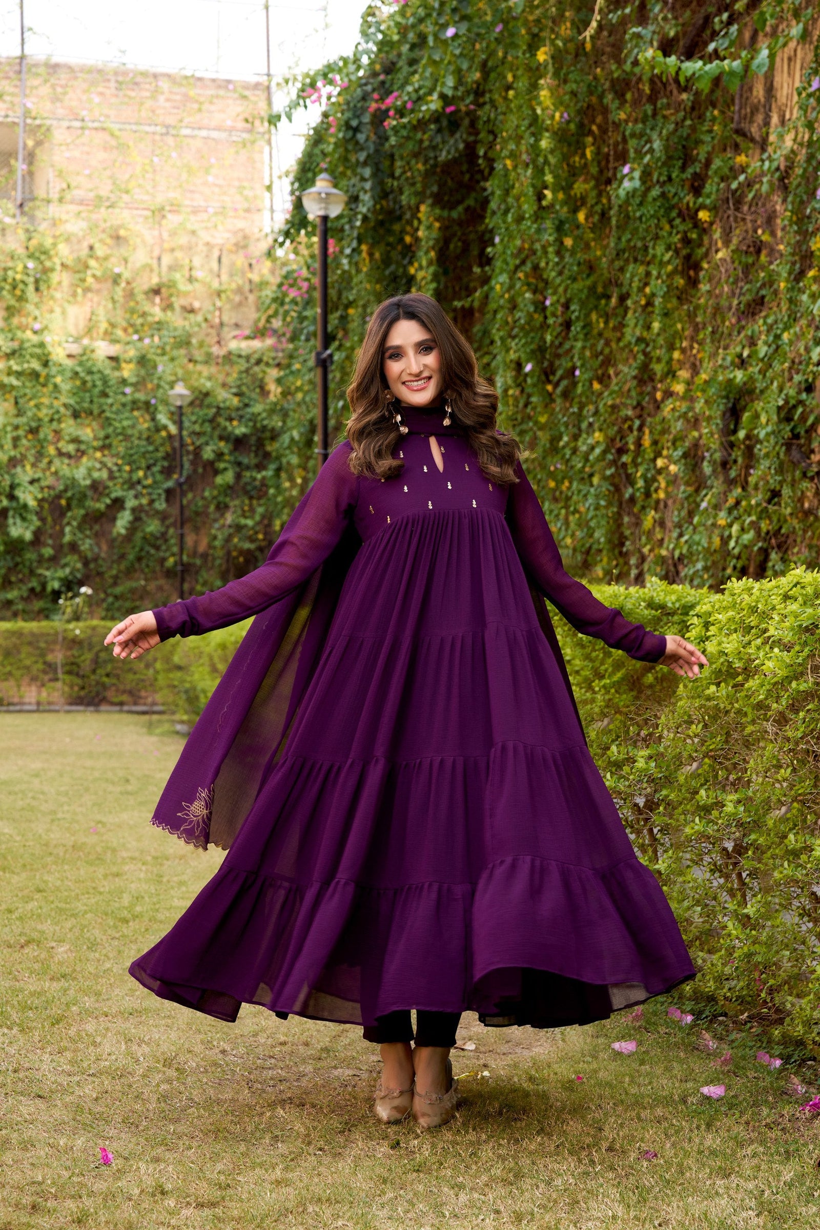 Dark Purple Designer Marble Foil Work Flared Dress Set