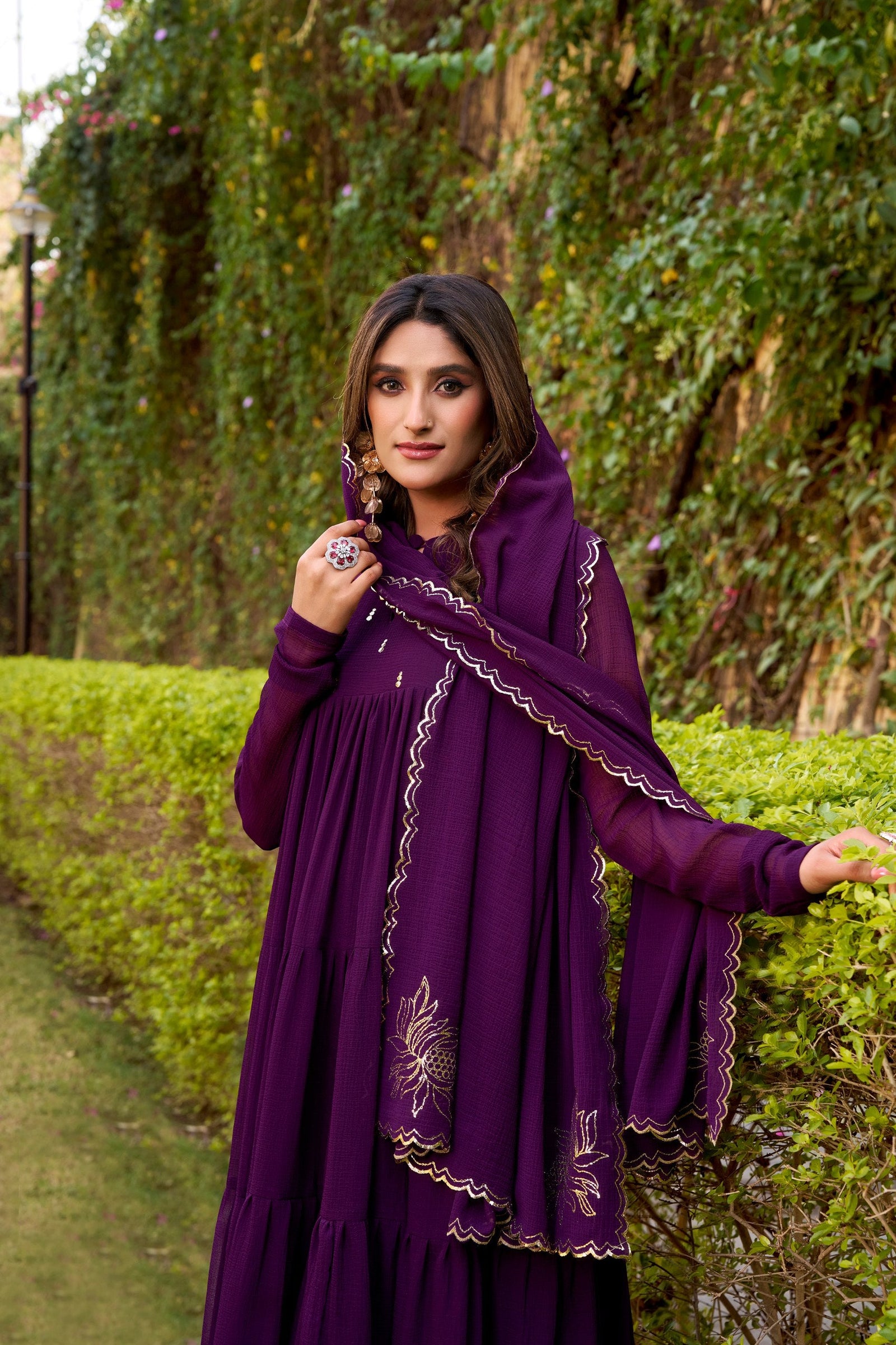 Dark Purple Designer Marble Foil Work Flared Dress Set ClothsVilla