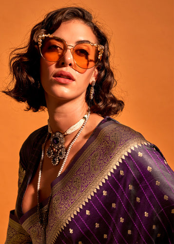 Dark Purple Designer Satin Silk Saree with Blouse Piece ClothsVilla