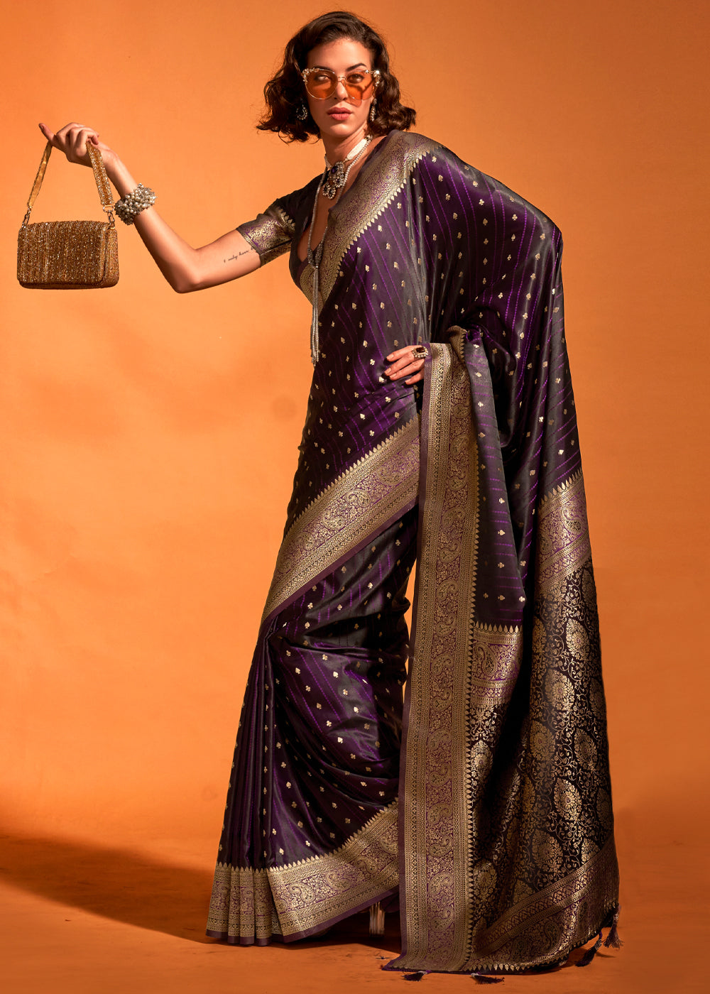 Dark Purple Designer Satin Silk Saree with Blouse Piece ClothsVilla Main image