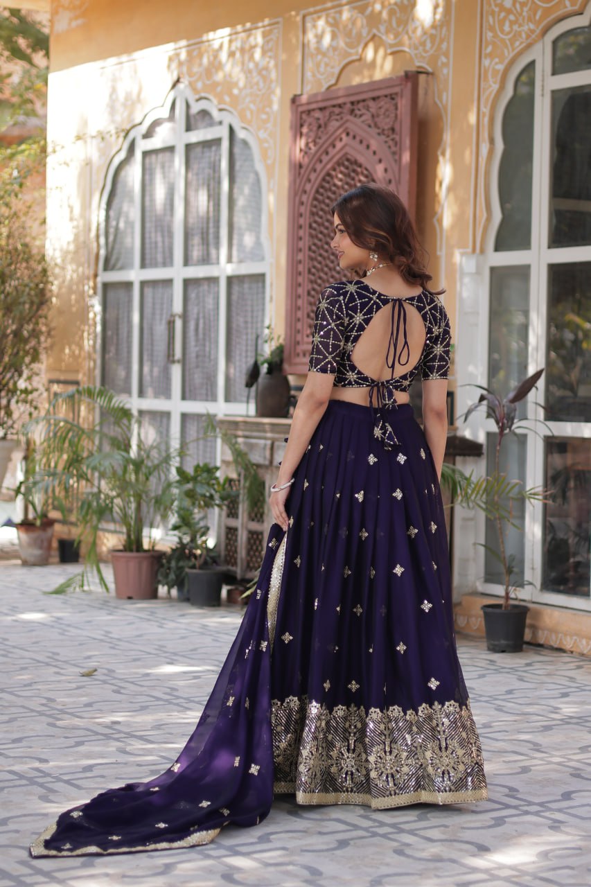 Dark Purple Elegant Designer Rangoli Silk Lehenga Choli with Sequins & Thread Embroidery ClothsVilla