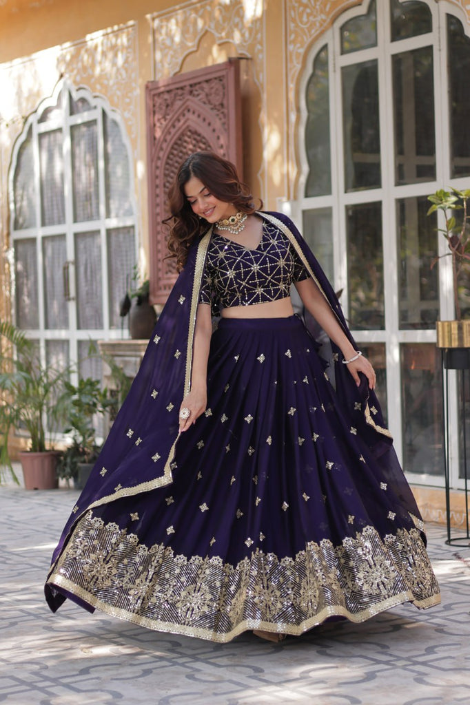 Dark Purple Elegant Designer Rangoli Silk Lehenga Choli with Sequins & Thread Embroidery ClothsVilla