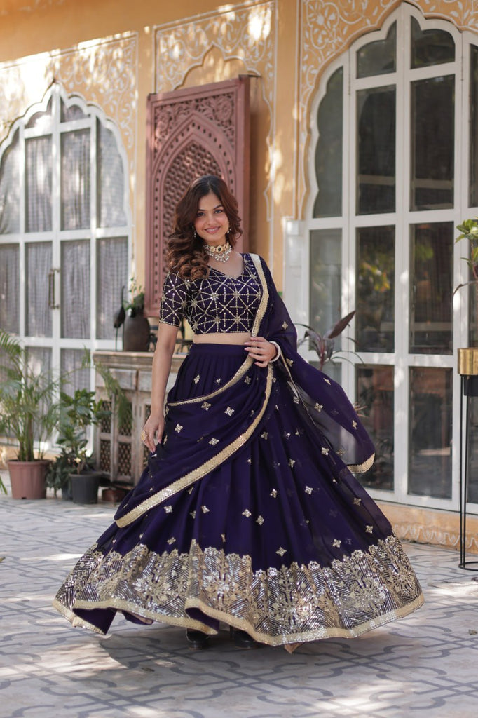 Dark Purple Elegant Designer Rangoli Silk Lehenga Choli with Sequins & Thread Embroidery ClothsVilla