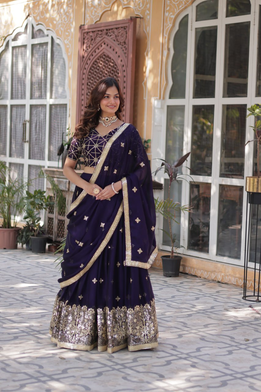 Dark Purple Elegant Designer Rangoli Silk Lehenga Choli with Sequins & Thread Embroidery ClothsVilla Main image