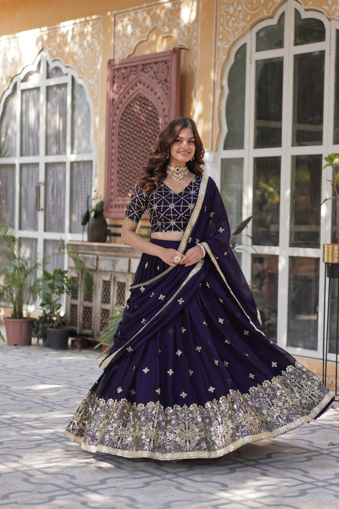 Dark Purple Elegant Designer Rangoli Silk Lehenga Choli with Sequins & Thread Embroidery ClothsVilla