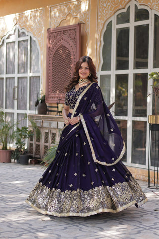 Dark Purple Elegant Designer Rangoli Silk Lehenga Choli with Sequins & Thread Embroidery ClothsVilla