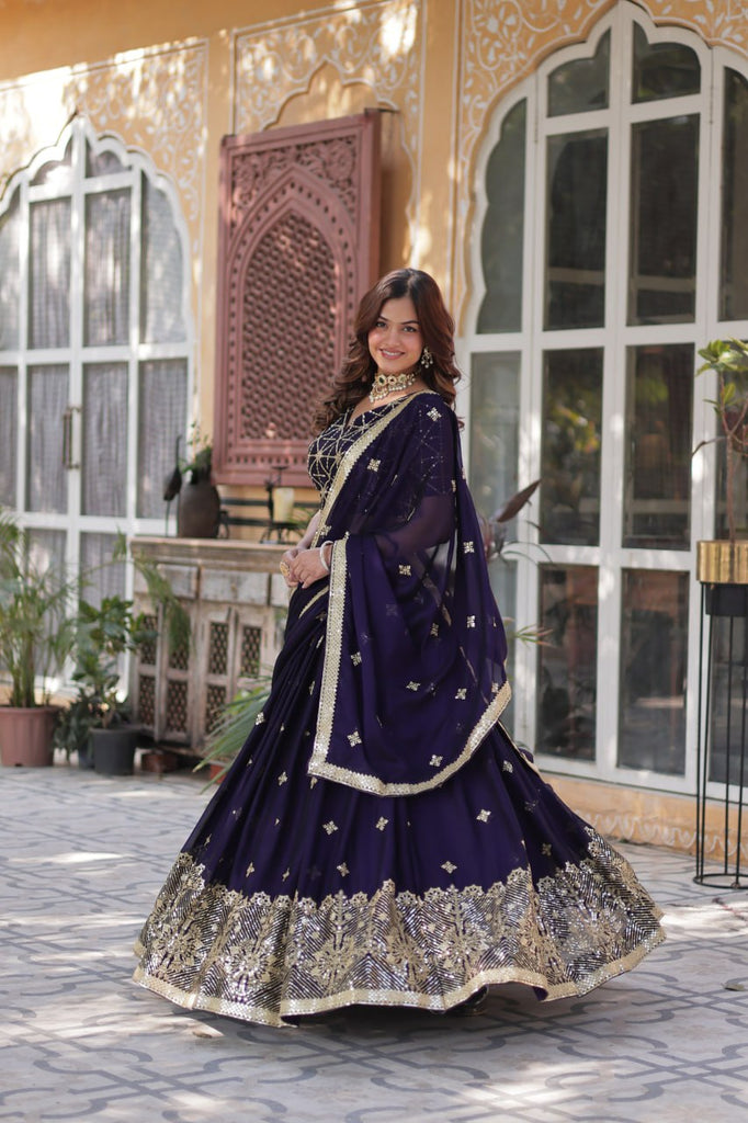 Dark Purple Elegant Designer Rangoli Silk Lehenga Choli with Sequins & Thread Embroidery ClothsVilla