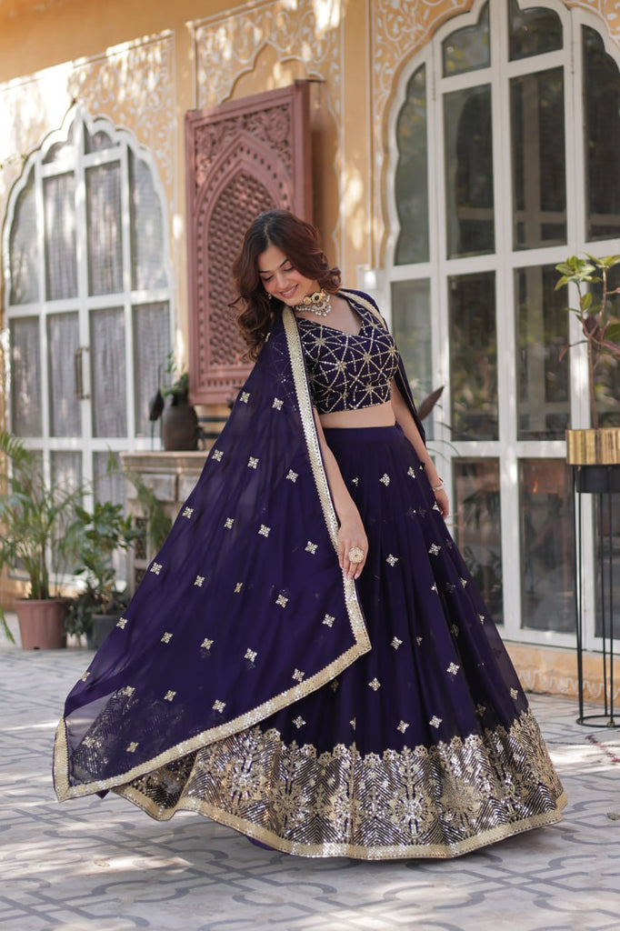 Dark Purple Elegant Designer Rangoli Silk Lehenga Choli with Sequins & Thread Embroidery ClothsVilla