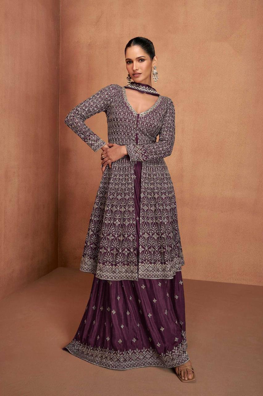 Dark Purple Elegant Embroidered Chinon Suit Set – Full Stitched Clothsvilla