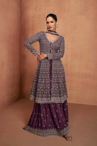 Dark Purple Elegant Embroidered Chinon Suit Set – Full Stitched Clothsvilla