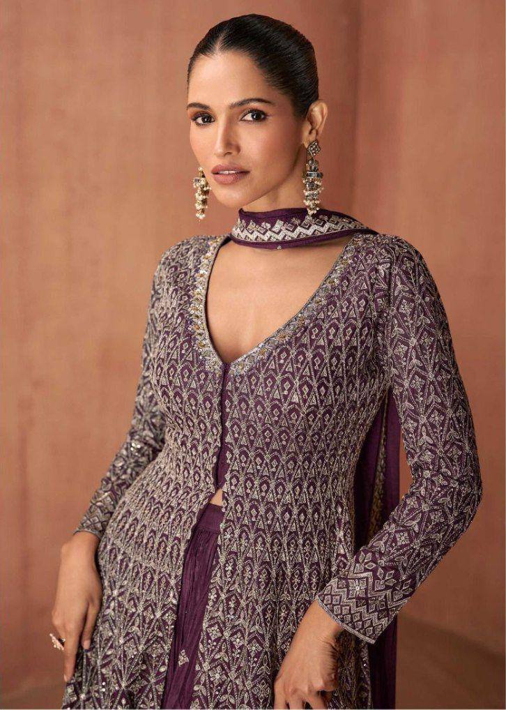 Dark Purple Elegant Embroidered Chinon Suit Set – Full Stitched Clothsvilla