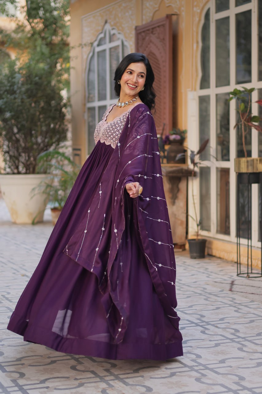 Dark Purple Elegant Embroidered Georgette Gown with Dupatta – Luxe Designer Collection