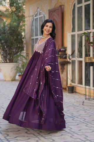 Dark Purple Elegant Embroidered Georgette Gown with Dupatta – Luxe Designer Collection