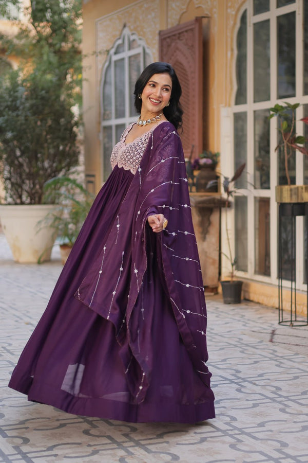 Dark Purple Elegant Embroidered Georgette Gown with Dupatta – Luxe Designer Collection