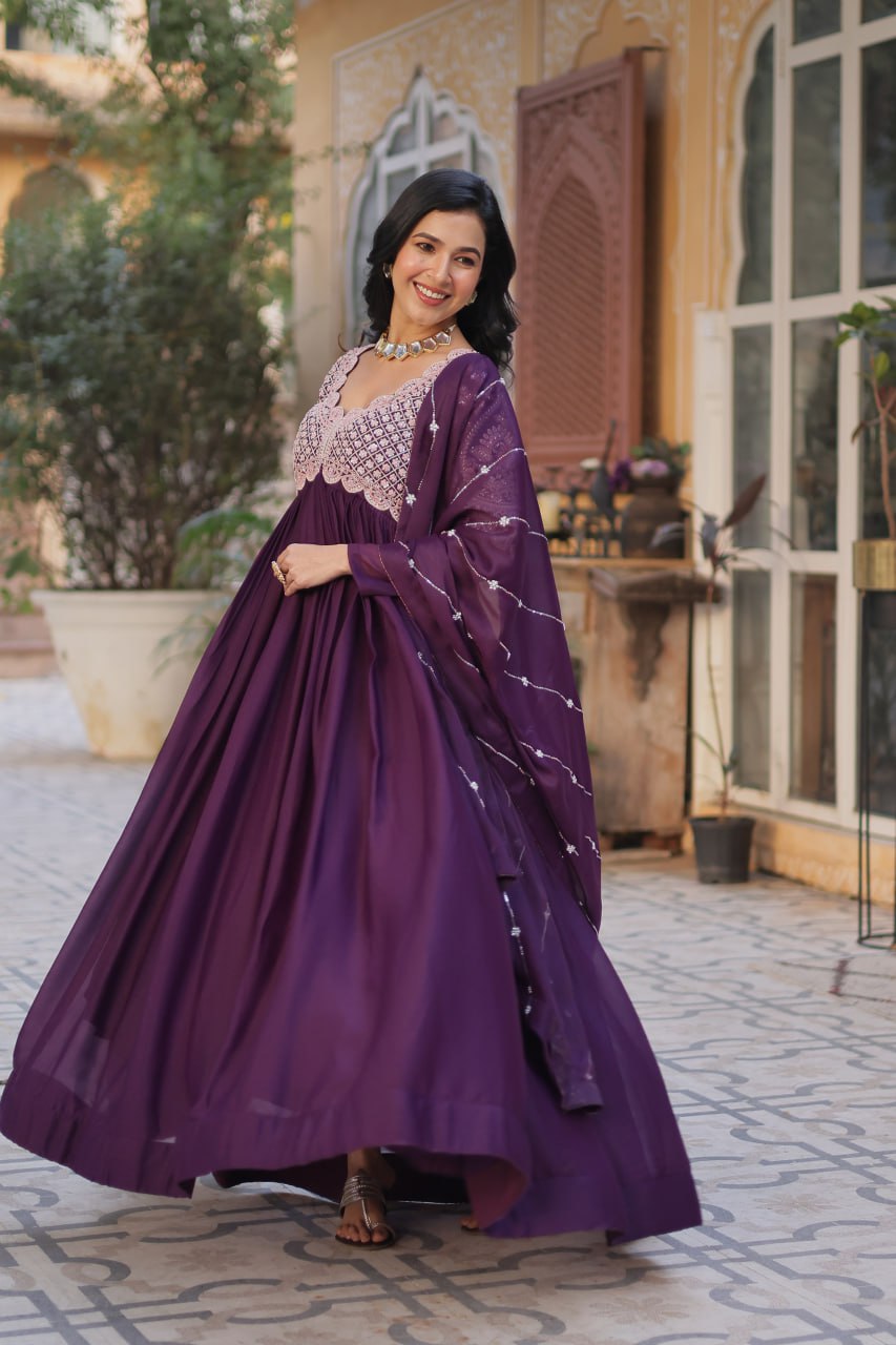 Dark Purple Elegant Embroidered Georgette Gown with Dupatta – Luxe Designer Collection