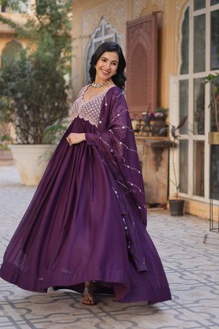 Dark Purple Elegant Embroidered Georgette Gown with Dupatta – Luxe Designer Collection