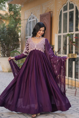 Dark Purple Elegant Embroidered Georgette Gown with Dupatta – Luxe Designer Collection