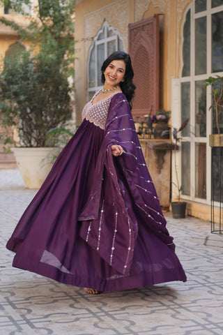 Dark Purple Elegant Embroidered Georgette Gown with Dupatta – Luxe Designer Collection