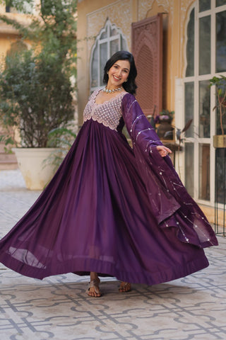 Dark Purple Elegant Embroidered Georgette Gown with Dupatta – Luxe Designer Collection