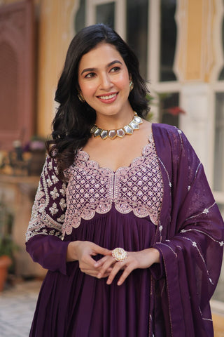 Dark Purple Elegant Embroidered Georgette Gown with Dupatta – Luxe Designer Collection