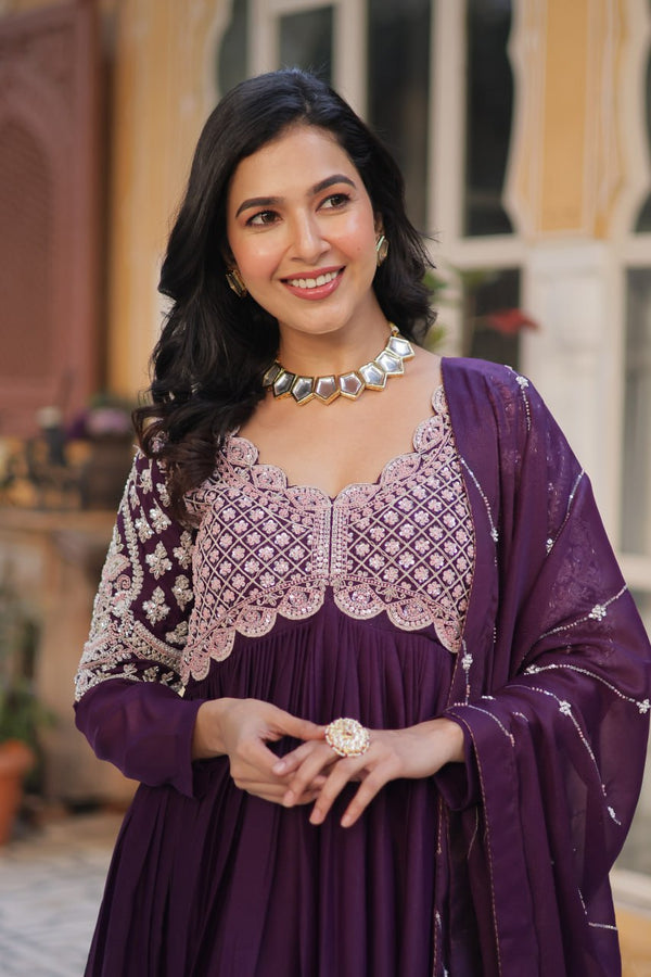 Dark Purple Elegant Embroidered Georgette Gown with Dupatta – Luxe Designer Collection