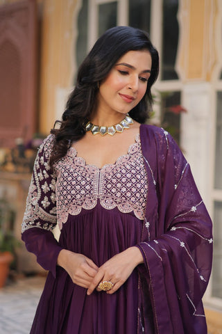 Dark Purple Elegant Embroidered Georgette Gown with Dupatta – Luxe Designer Collection