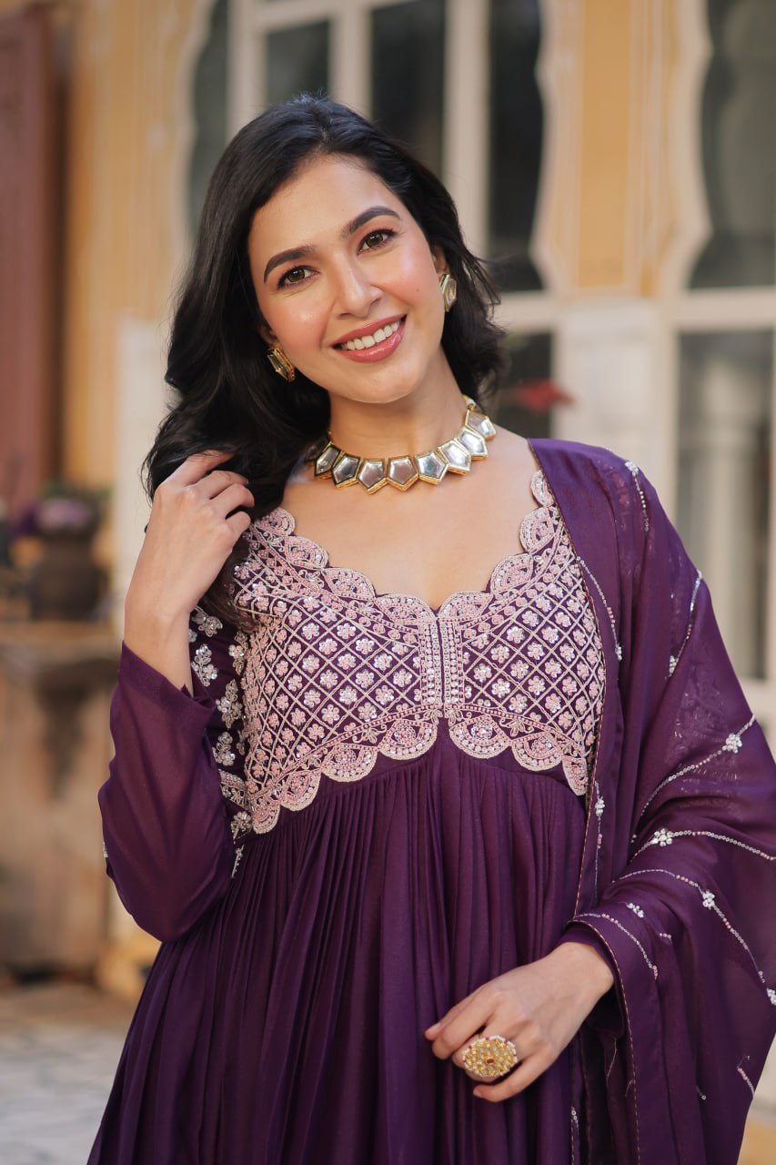 Dark Purple Elegant Embroidered Georgette Gown with Dupatta – Luxe Designer Collection