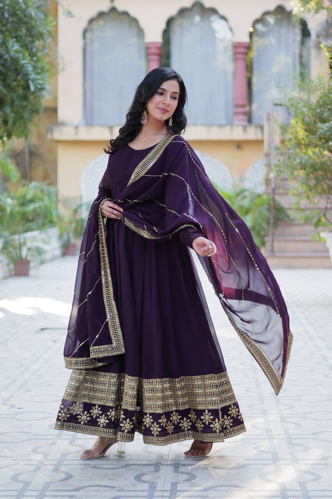 Dark Purple Elegant Faux Blooming Embroidered Gown with Dupatta