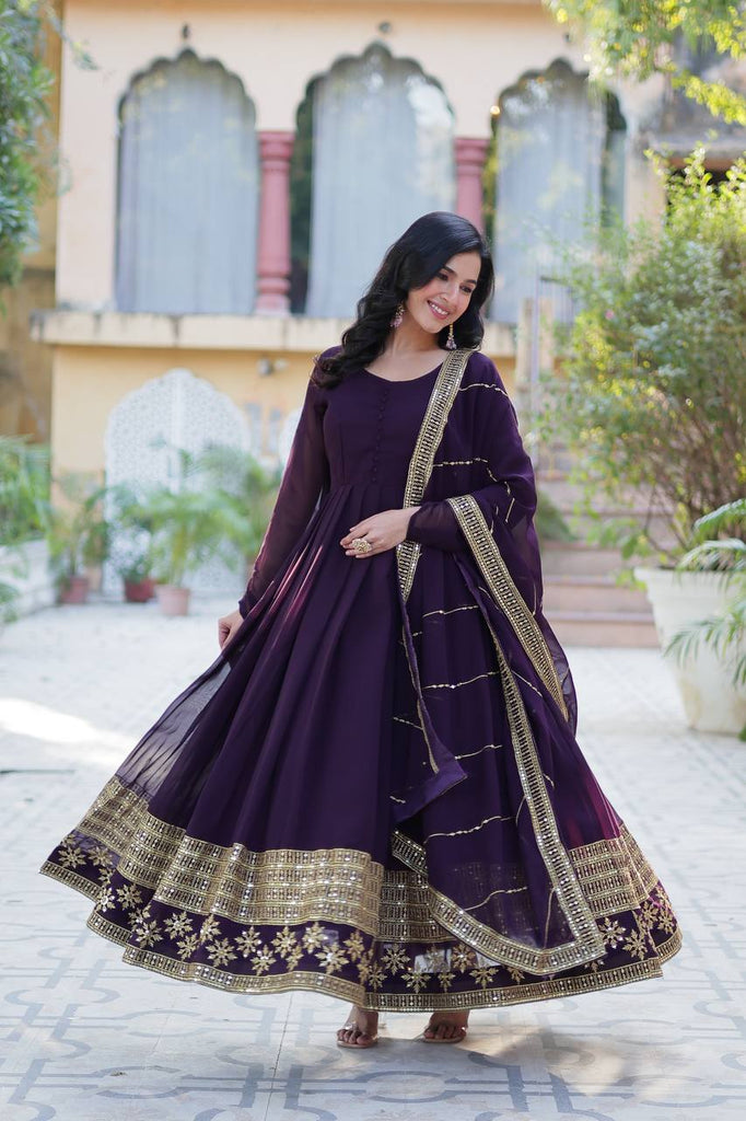 Dark Purple Elegant Faux Blooming Embroidered Gown with Dupatta