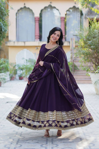 Dark Purple Elegant Faux Blooming Embroidered Gown with Dupatta