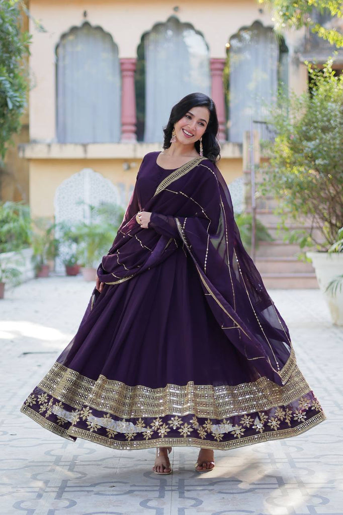 Dark Purple Elegant Faux Blooming Embroidered Gown with Dupatta