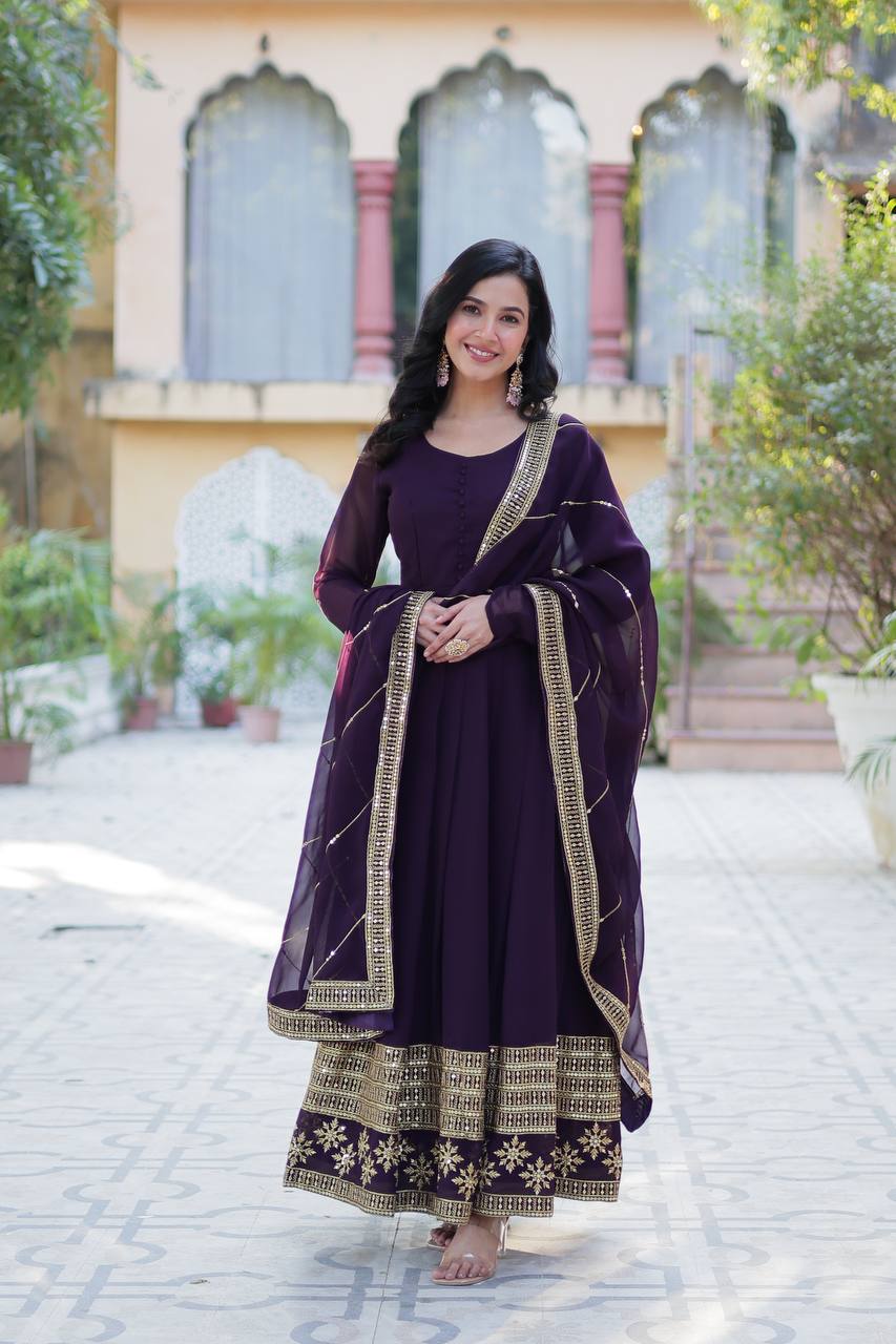 Dark Purple Elegant Faux Blooming Embroidered Gown with Dupatta Main image
