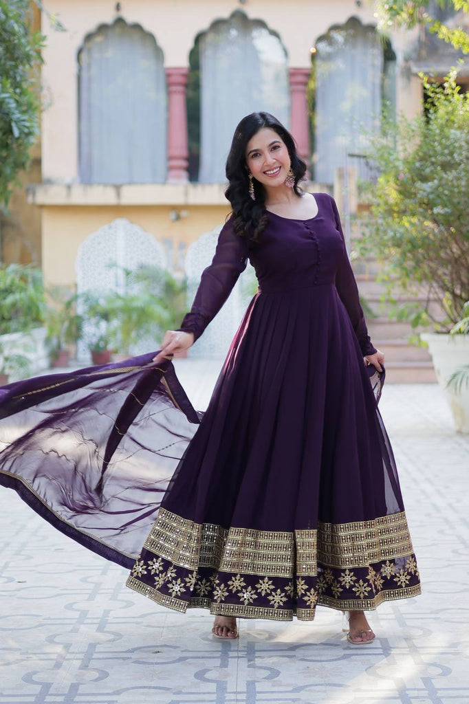 Dark Purple Elegant Faux Blooming Embroidered Gown with Dupatta