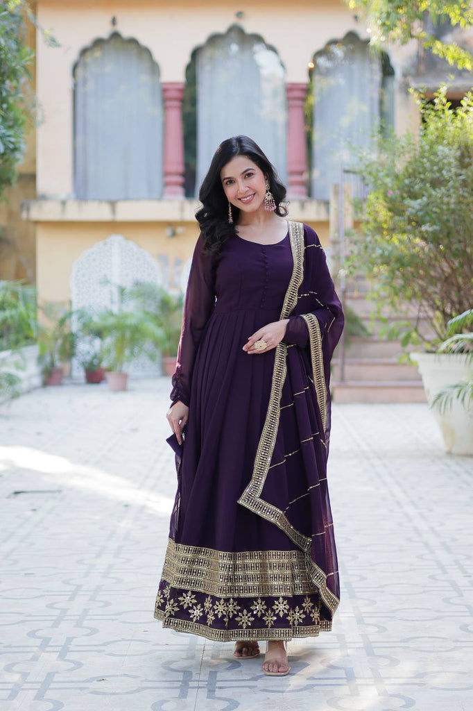 Dark Purple Elegant Faux Blooming Embroidered Gown with Dupatta