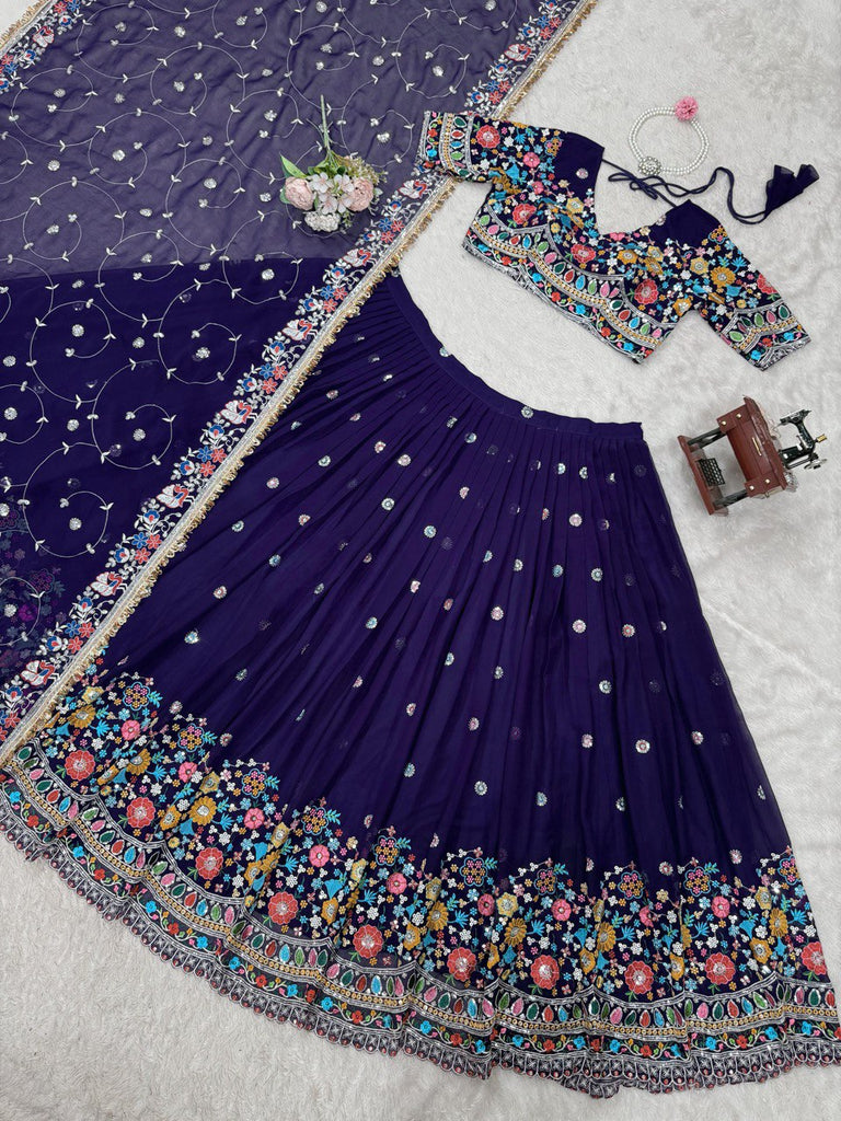Dark Purple Elegant Faux Georgette Lehenga Choli with Thread and Sequin Work ClothsVilla